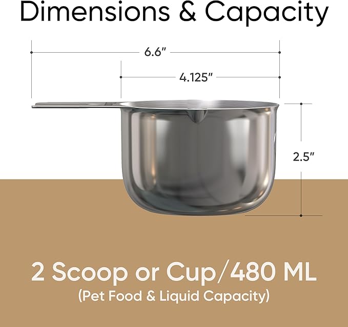 Color Up 2 Scoop (2 Cup / 480 ml) Stainless Steel Pet Food Measuring Scoop for Dogs, Cats, Rabbits & Birds – Dual Pour Spouts, Ergonomic Handle, Dishwasher Safe