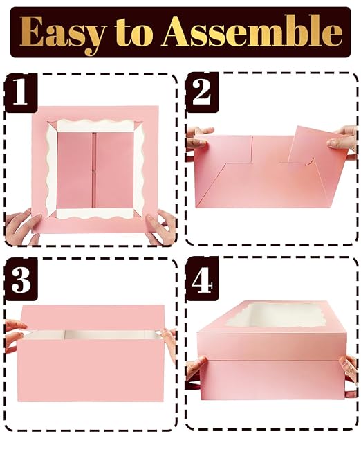 qiqee 12x12x6 Cake Box, 18 Sets Pink Cake Box with Window ＆ 18 Sets 8" Cake Round Boards, 8inch Cake Containers, 10 Meters Silk Ribbon