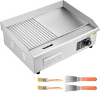 VEVOR Commercial Electric Griddle, 21.06 x 11.81 inch, 1750W, 122-570°F Adjustable Temp Control, Stainless Steel Body, Half Grooved Half Flat, with 2 Spatulas, 2 Brushes, and 4 Foot Pads, for Steak