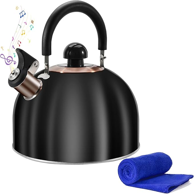 Tea Kettle,Whistling Tea Kettle Stovetop 2.6 Quart, Tea Pots for Stove Top Food Grade Stainless Steel,Wood Pattern Handle(Black),With Anti Scald Towel