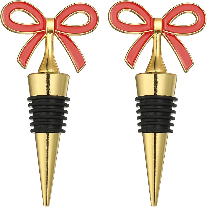 uxcell 2 Pcs Bow Wine Stopper, Reusable Wine Stoppers Airtight Leak-proof Bottle Plugs Liquor Saver Beer Beverage Glass Bottles Stopper for Bar Holiday Party Home Decor, Gold-Red