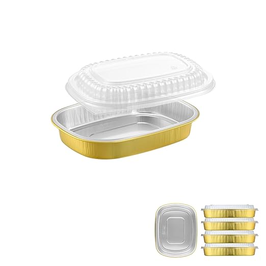 Oval Aluminum Foil Takeout Containers with Lids (5 Pack) – 2X Thicker Heavy Duty Gold Disposable Food Trays for Deli, Pasta, Salad, Bakery & To-Go Meals, 25oz