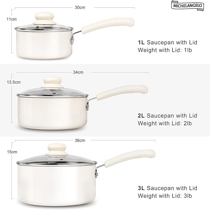 MICHELANGELO Nonstick Saucepan with Lid, Ceramic Sauce Pan Sets, Easy to Clean Sauce Pans, Multi-Purpose Cooking Pots, 1QT & 2QT & 3QT, White