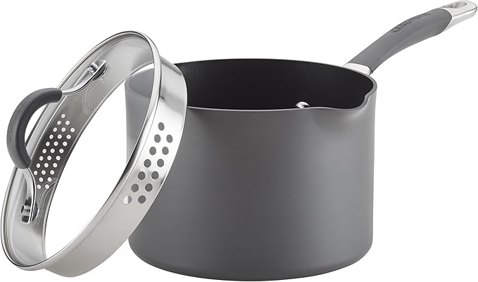Circulon Radiance Hard-Anodized Nonstick Saucepan, Durable Nonstick Cookware, Sauce Pan with Straining Lid, 3-Quart, Gray