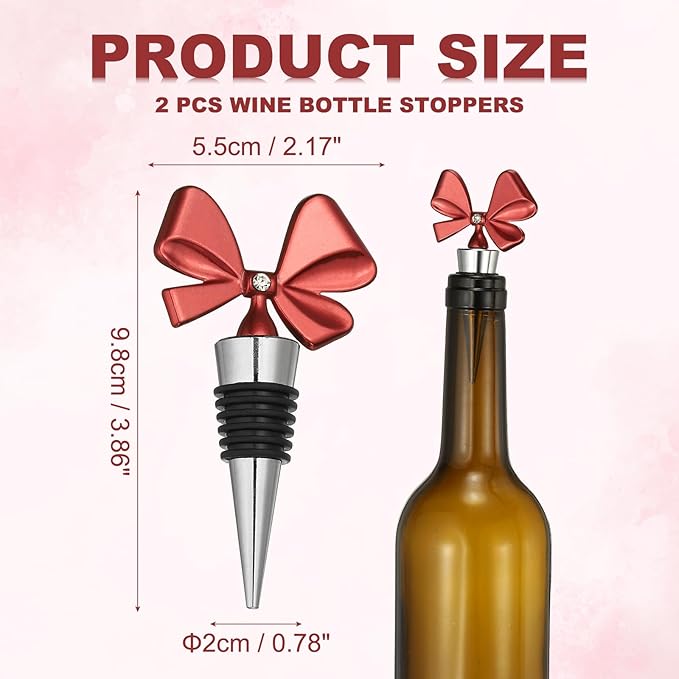 uxcell 2 Pcs Bow Wine Stopper, Reusable Wine Stoppers Airtight Leak-proof Bottle Plugs Liquor Saver Beer Beverage Glass Bottles Stopper for Bar Holiday Party Home Decor, Silver-Red