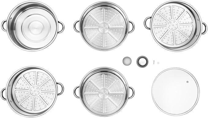 5-Tier Stainless Steel Steamer, 12.59 * 2.75inch Cooking Tools Pan Set Household Cookware Pot Large Capacity Kitchenware Multi-Purpose Kitchen Implements Stackable Vegetable Pan w/Glass Lid