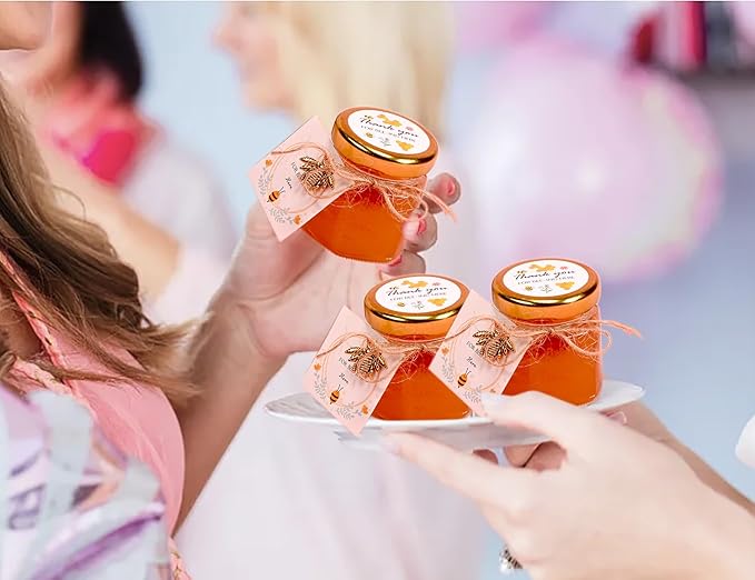 Adabocute Honey Pot, Mini Honey Jars with Wood Dipper, Gold Lid, Bee Pendants, Beige Gift Bags, Thanks for Beeing Here Tags, Mini Honey Jars for Baby Shower Favors Wedding Favors, 60 Pack