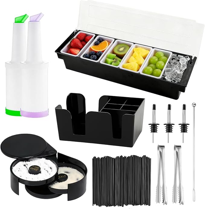 Bartender Tools Include 3 Tier Glassware Rack, Wine Bottle Pourers,Bar Storage Boxes,6-Compartment Chilled Condiment Containers,Plastic Juice Pourers,Serving Tongs,Straws and Cocktail Stirrers