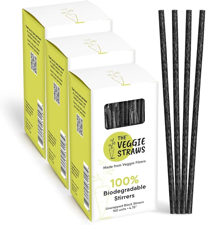 The Veggie Straws – 450 PCS of 4.75 Inches Unwrapped Black Biodegradable Drink Stirrers – Made of Vegetable Fibers, Best Cocktail Stirrers for Drinks of All Kinds