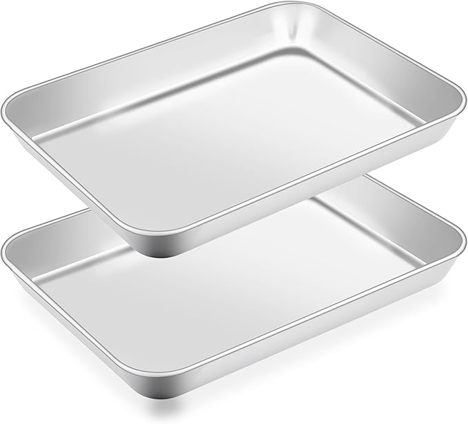 2 Pack Baking Sheet, 6.9 x 9.2 x1 Inch Stainless Steel Cookie Sheet, Toaster Oven Tray Pans, Heavy Duty Baking Pans for Kitchen, Bakings Tray for Oven, Easy Clean & Dishwasher Safe