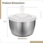 Stainless Steel Salad Spinner 5 L, 360° Quick Spin Function, BPA-Free Lid, Anti-Slip Base, Removable Design for Fruits, Vegetables, Pasta, and More
