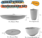 Wheat Straw Dinnerware Sets, Plates and Bowls Sets, 32 PCS Dinnerware Sets Service for 8, Unbreakable Reusable Plates Set, Outdoor Kitchen and Apartment Dinning Essentials - Gray