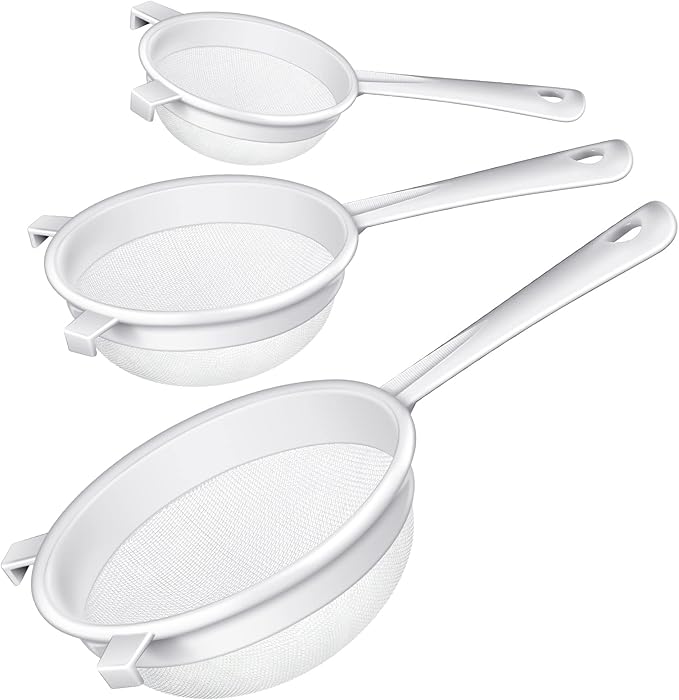 Skyley 3 Pcs Plastic Nylon Mesh Strainer Colander with Handle Double Ear Fine Food Mesh Strainer Flour Sifter for Baking Kitchen Colander Sifter Tea Juice Pasta (5 Inch, 7 Inch, 8.5 Inch)