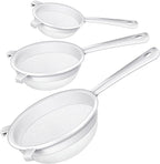 Skyley 3 Pcs Plastic Nylon Mesh Strainer Colander with Handle Double Ear Fine Food Mesh Strainer Flour Sifter for Baking Kitchen Colander Sifter Tea Juice Pasta (5 Inch, 7 Inch, 8.5 Inch)