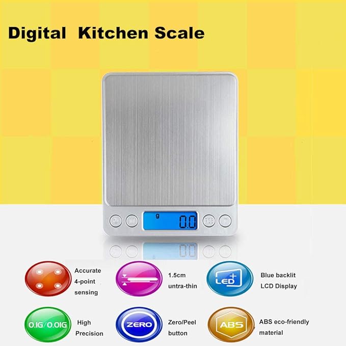 Digital Kitchen Scale,High Precision Stainless Steel Multifunction Food Scale Grams and Ounces Back-Lit LCD Display Small Pocket Jewelry Scales Auto Off,Tare,PCS,UNTS/Mode (500g/0.01g)