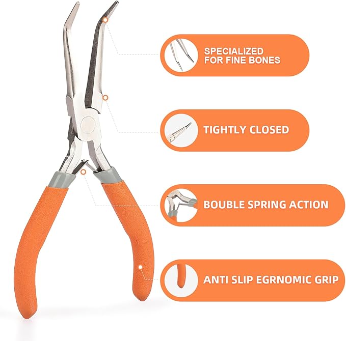 SIDAZON Fish Bone Pliers/Tweezers 6 Inches Bent nose pliers Curved Stainless Steel With Non-Slip Grip