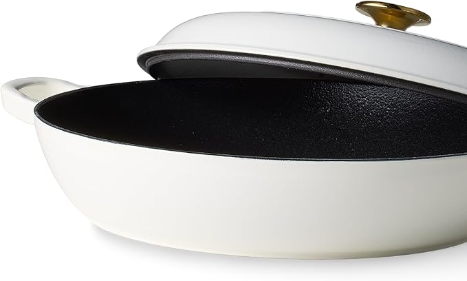 CAROTE 3.4QT Enameled Cast Iron Braiser Pan, Shallow Dutch Oven Casserole Skillets, Non-Toxic Cast Iron Pot with Lid for Grilling, Searing, Baking, Dual Handles, All Stovetop Compatible, White
