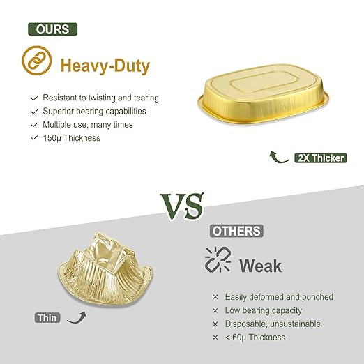 Oval Aluminum Foil Takeout Containers with Lids (5 Pack) – 2X Thicker Heavy Duty Gold Disposable Food Trays for Deli, Pasta, Salad, Bakery & To-Go Meals, 25oz
