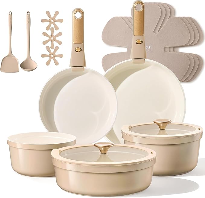 CAROTE 18 Pcs Ceramic Cookware Set Titanium Nonstick with Detachable Handles, Non Toxic Cookware, Pots and Pans Set Non Stick Removable Handles, Induction Available, Kitchen Cooking, Dishwasher Safe