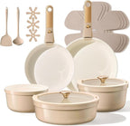 CAROTE 18 Pcs Ceramic Cookware Set Titanium Nonstick with Detachable Handles, Non Toxic Cookware, Pots and Pans Set Non Stick Removable Handles, Induction Available, Kitchen Cooking, Dishwasher Safe