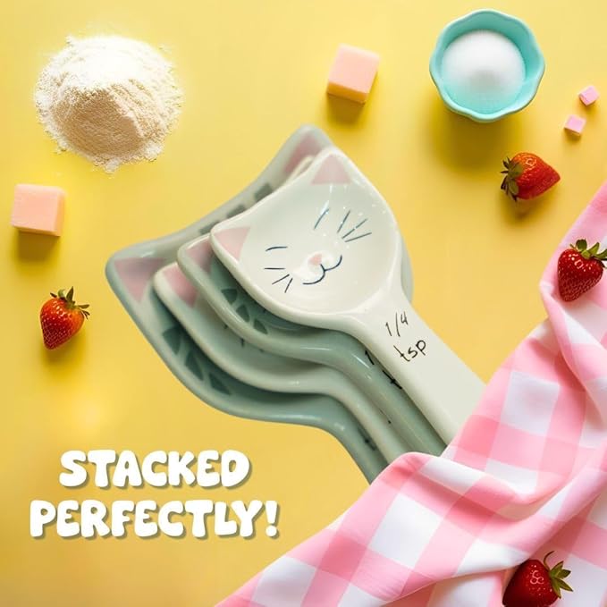 Cute Cat Measuring Spoons Set with Ribbon, Cute Cat Gifts for Women, Cat Themed Kitchen Accessories for Cat Baking Supplies, Ceramic Measuring Spoons for Cat Lover, Baking Gifts for Women (Set of 5)
