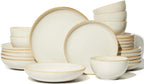 Pokini 24 Piece Double Bowl Dinnerware Sets with Pasta Bowls, Highly Chip and Crack Resistant Plates and Bowls Sets, Natural Earthyware Ceramic Dishware Sets, Service for 6 Yellow White