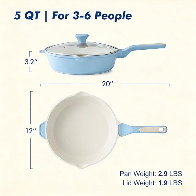 SENSARTE Nonstick Ceramic Skillet with Lid 12-inch, 5QT Non Toxic Deep Frying Pan, Saute Pan with Lid, Stay-cool Handle, Healthy Cooking Pot, Induction Compatible, Blue