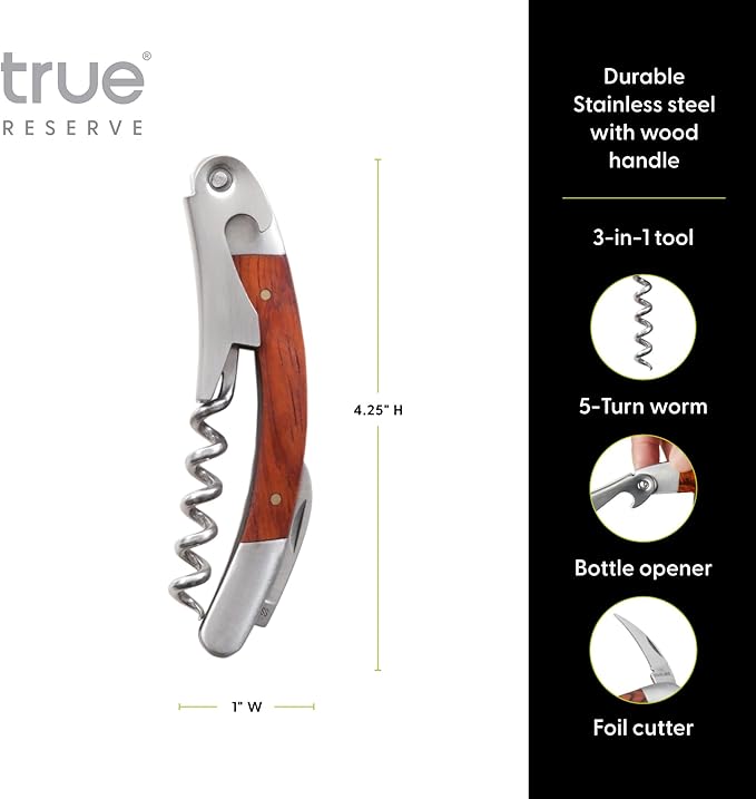 True Reserve Curve Waiters Corkscrew Wine Opener with Foil Cutter, Wood and Stainless Steel, Manual Wine Bottle Opener for Bartenders, Servers, Home Bar Tools, Bar Cart Accessories, Set of 1