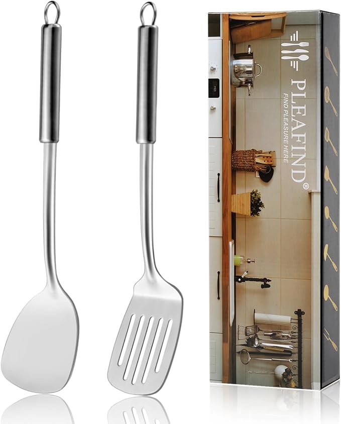 Pleafind 2-Pcs Solid & Slotted Spatula Set, 304 Stainless Steel Spatula, Metal Spatulas, Wok Utensils, Cooking Utensils, Wok Spatulas for Home, Kitchen and Restaurant, Dishwasher Safe