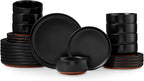 E-far 24-Piece Stoneware Plates and Bowls Sets, Dinnerware Sets for 8, Ceramic Dishware Dishes Set with Terracotta Base, Chip & Scratch Resistant, Microwave & Dishwasher Safe, Matte Black