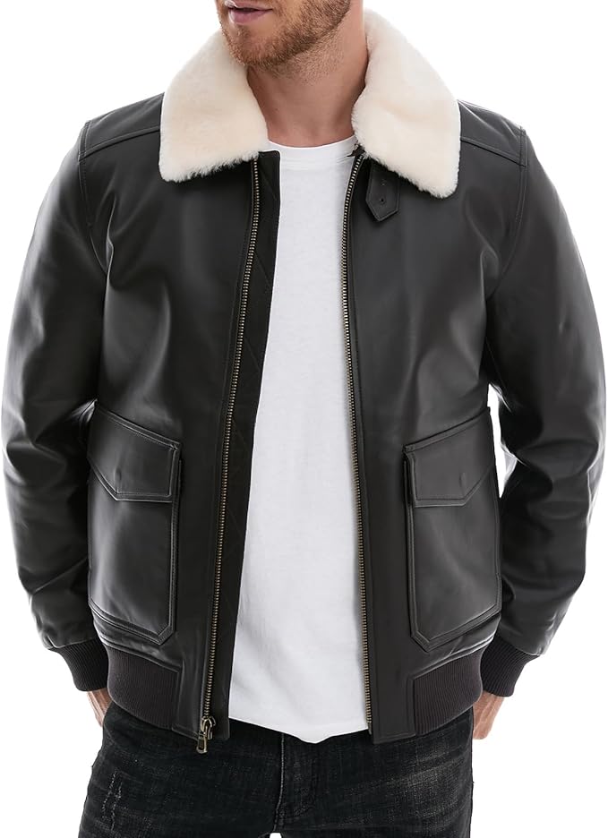 Leather Jacket Men,Lambskin Bomber Jacket with Removable Real Fur Collar,Front Zip Closure, Multiple Pockets
