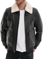 Leather Jacket Men,Lambskin Bomber Jacket with Removable Real Fur Collar,Front Zip Closure, Multiple Pockets