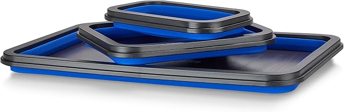 Collapsible Magnetic Parts Tray Set - 3 Different Size Tool Trays for Screw, Bolts, Nuts, Washers, Pins and Other Small Metal Parts, Mechanic Tool Gifts for Men - Blue