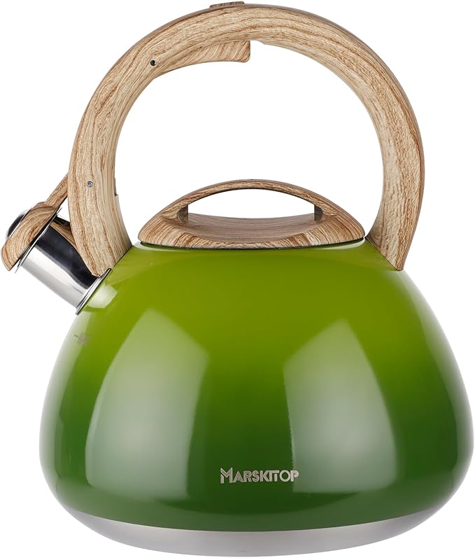 MARSKITOP Whistling Tea Kettle for Stove Top, 2.6 Quart Teapot for Stovetop, Stainless Steel Tea Pot for Stove with Wood Pattern Handle, Light Green