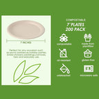 Vplus 200 Pack Paper Plates 7 inch 100% Compostable, Heavy-Duty Disposable Paper Plates Bagasse Natural Biodegradable Eco-Friendly Sugarcane
