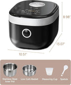 YOKEKON Rice Cooker Stainless Steel Inner Pot PFAS-Free Dishwasher Safe, Low Carb & Low Sugar Large Rice Cookers 8 Cup with Steamer Basket, 24H Delay Timer and Auto Keep Warm Feature,Black