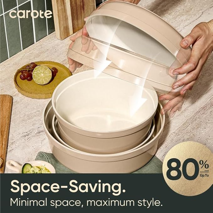 CAROTE 18 Pcs Ceramic Cookware Set Titanium Nonstick with Detachable Handles, Non Toxic Cookware, Pots and Pans Set Non Stick Removable Handles, Induction Available, Kitchen Cooking, Dishwasher Safe