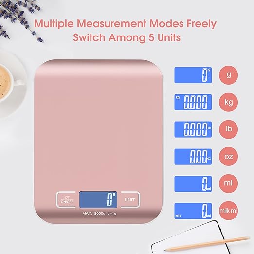 Digital Shipping Scale,Stainless Steel Panel, Accurate Portable Postal Scale for Packages, Small Business,Kitchen, Food, Handmade, Liquids, and Boutique (Rose Gold Battery(5kg/1g))
