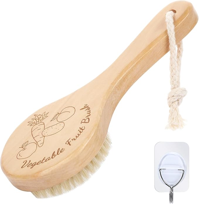 Vegetable Brush, Cleaning Brush with Long Handle for Potato Carrot Cucumber and Fruits Veggie Wash Brushes Wooden Dish Brush for Pans Pots Fruits Vegetable