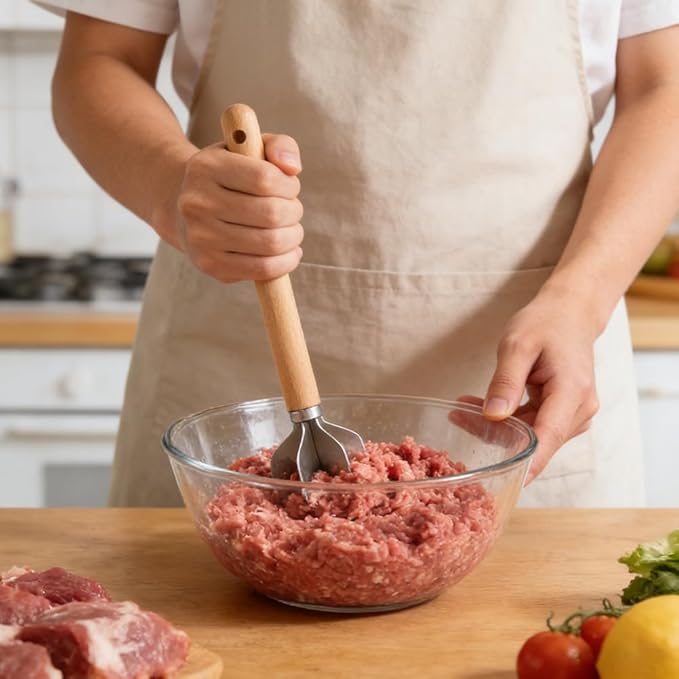 Stainless Steel Meat Chopper Masher with Potato Masher, 6 Blade Ground Beef Chopper Hamburger Smasher Tool with Wooden Handle, Kitchen Tool for Vegetables, Fruits, Beans, Meat