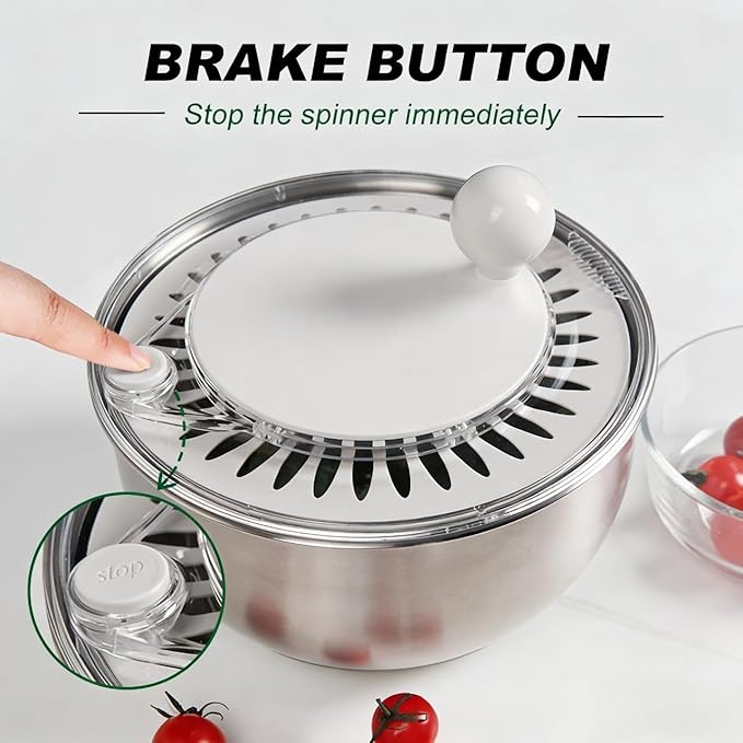 Stainless Steel Salad Spinner, 5L Capacity Vegetable Washer, Lettuce Dryer with Non-Slip Base and Stop Button, 9.65 Inch Diameter Salad Bowl Fruit Washer