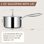 EWFEN 3 Ply Stainless Steel Saucepan with Lid, 2 Quart Multipurpose Cooking Pot, Stay-Cool Handle, Induction Oven Dishwasher Safe, 2 QT