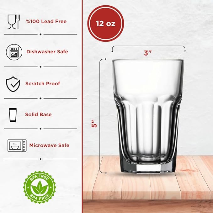 Highball Drinking Glasses Set of 24, 12.5 oz Glass Tumbler - Water Glasses & Beer Glassware for Kitchen - Durable Drinkware Set for Juice, Soda, Iced Tea & Cocktails - Heavy Base, Dishwasher Safe