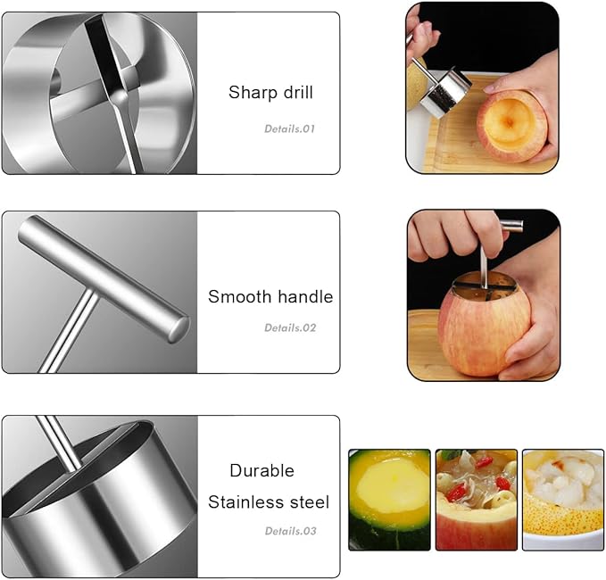 Vegetable & Fruit Corer, Veggie Corer Drill Fruit Core Remover Kitchen Tool, 2 Sizes Veggie Drill for Coring and Hollowing Out Zucchini, Pumpkin, Potatoes, Carrot, Apple, Pear, Tomato