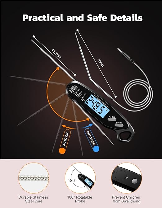Instant Read Meat Thermometer Digital with Dual Probe, Food Thermometer for Cooking & Grilling, Large Backlit & Calibration, Grill Thermometer for Outside/Kitchen/Oven//Smoker/BBQ/Baking, Black