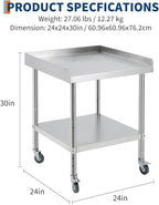 24x24x30 in Stainless Steel Equipment Grill Stand Table NSF Certified with 5 in Wheels, 400 LBS Capacity, 2 in Edge Baffle, for Hotel, Home, Commercial Restaurant Kitchen