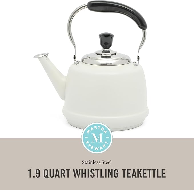 Martha Stewart Kingstree Large 2 Qt Heavy Gauge Stainless Steel Tea Kettle - Linen White Exterior