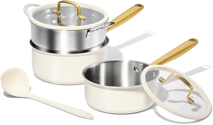 CAROTE 1.5Qt & 3.0Qt Stainless Steel Saucepan Set with Steamer & Ladle, Non-Toxic 3-Ply Stainless Steel Pot with Lids, Small Pots for Cooking, Oven Safe, Induction Compatible Cookware