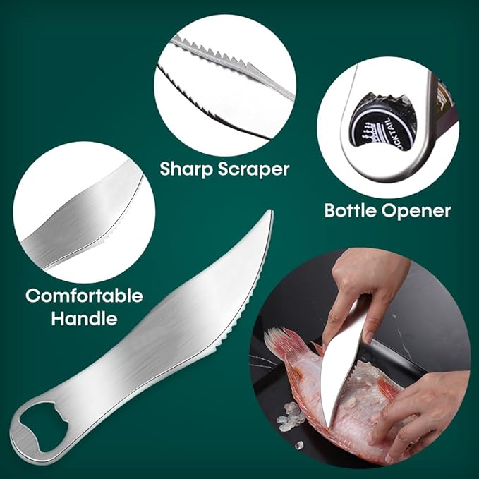 Comfecto 5 Pcs Stainless Steel Fish Scaler Remover Scraper with Sawtooth, Sturdy Ergonomic Fish Skin Graters with Bone Tweezer Dig Out Blade Knife Peeler Bottle Opener and Pouch, Reguler, Silver