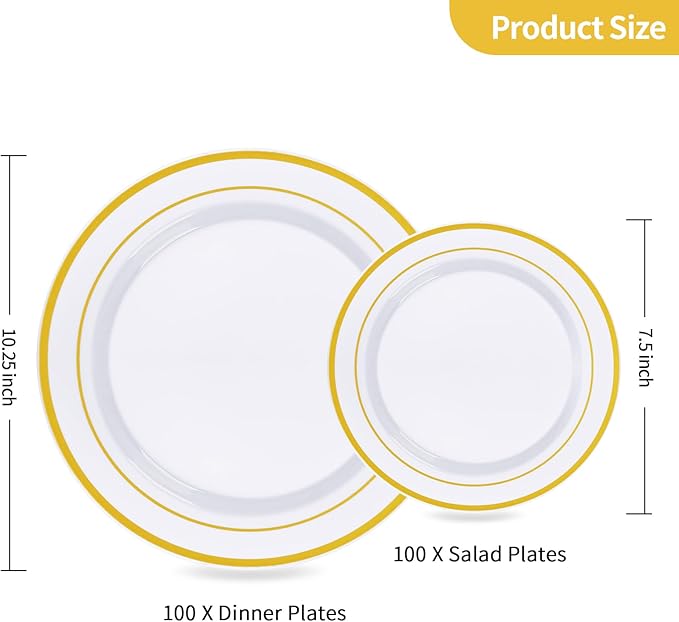 Goodluck 200PCS Gold Plastic Plates, Heavy Duty Disposable Gold Plates with 100 10.25 inch Dinner Plates and 100 7.5 inch Dessert Plates for Party, Holiday, Wedding, Thanksgiving